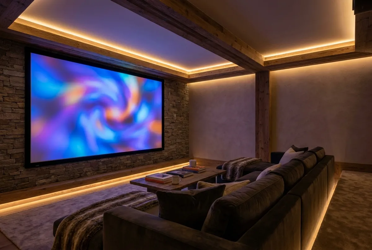 Villa home cinema with projector screen and multiroom audio speakers in Bali