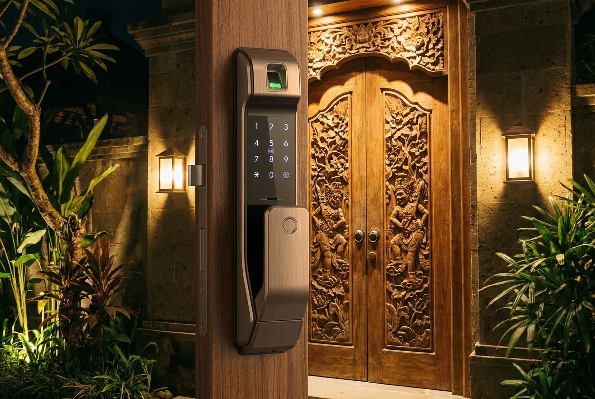 Smart fingerprint door lock installed on a hardwood villa door in Bali