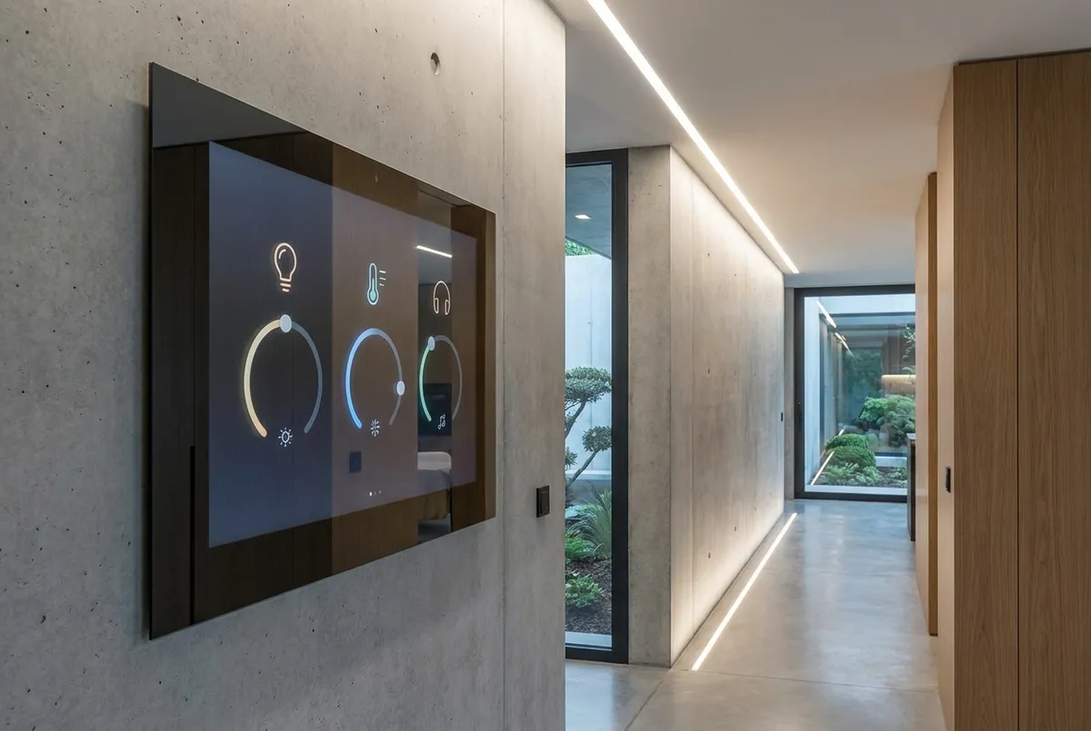 Smart home control panel managing lighting, climate and security in a Bali villa