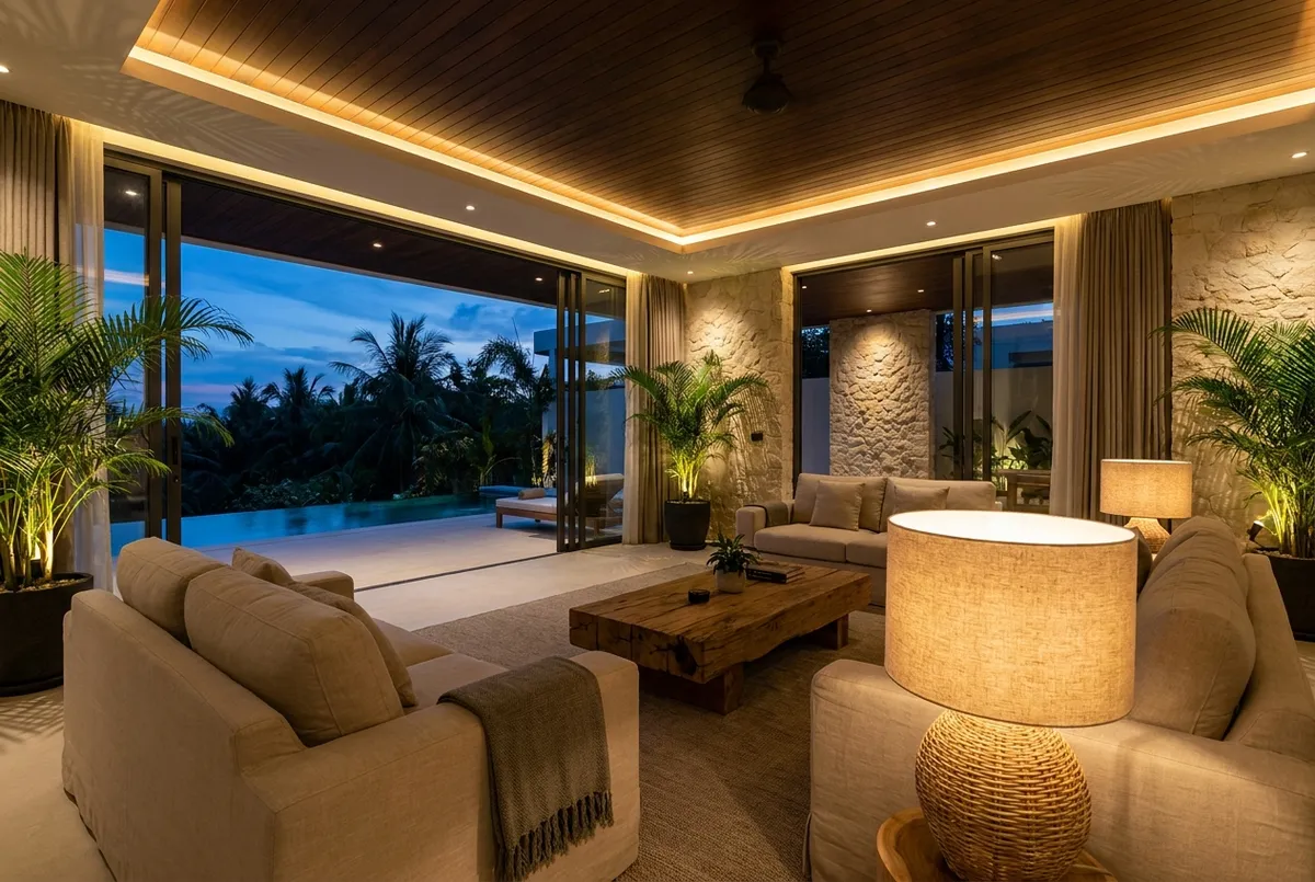Smart lighting scene with warm dimmed lights in a Bali villa at night