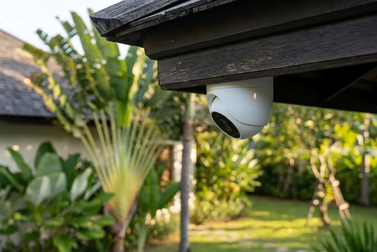 Security camera installed under a villa roofline in Bali