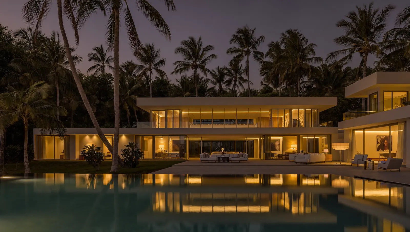 Bali villa at dusk with automated smart lighting scenes glowing across the terrace and pool